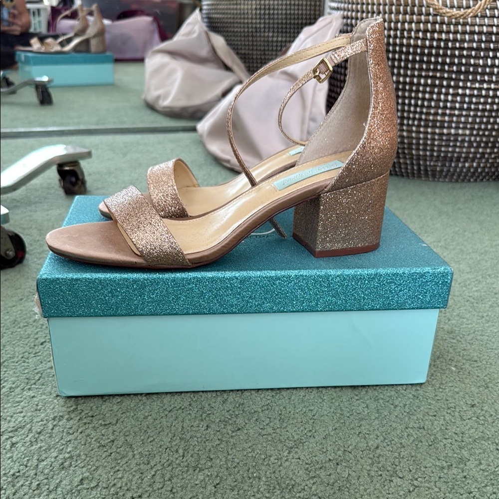 Betsey Johnson Gold Heels with Ankle Strap and Modern Design